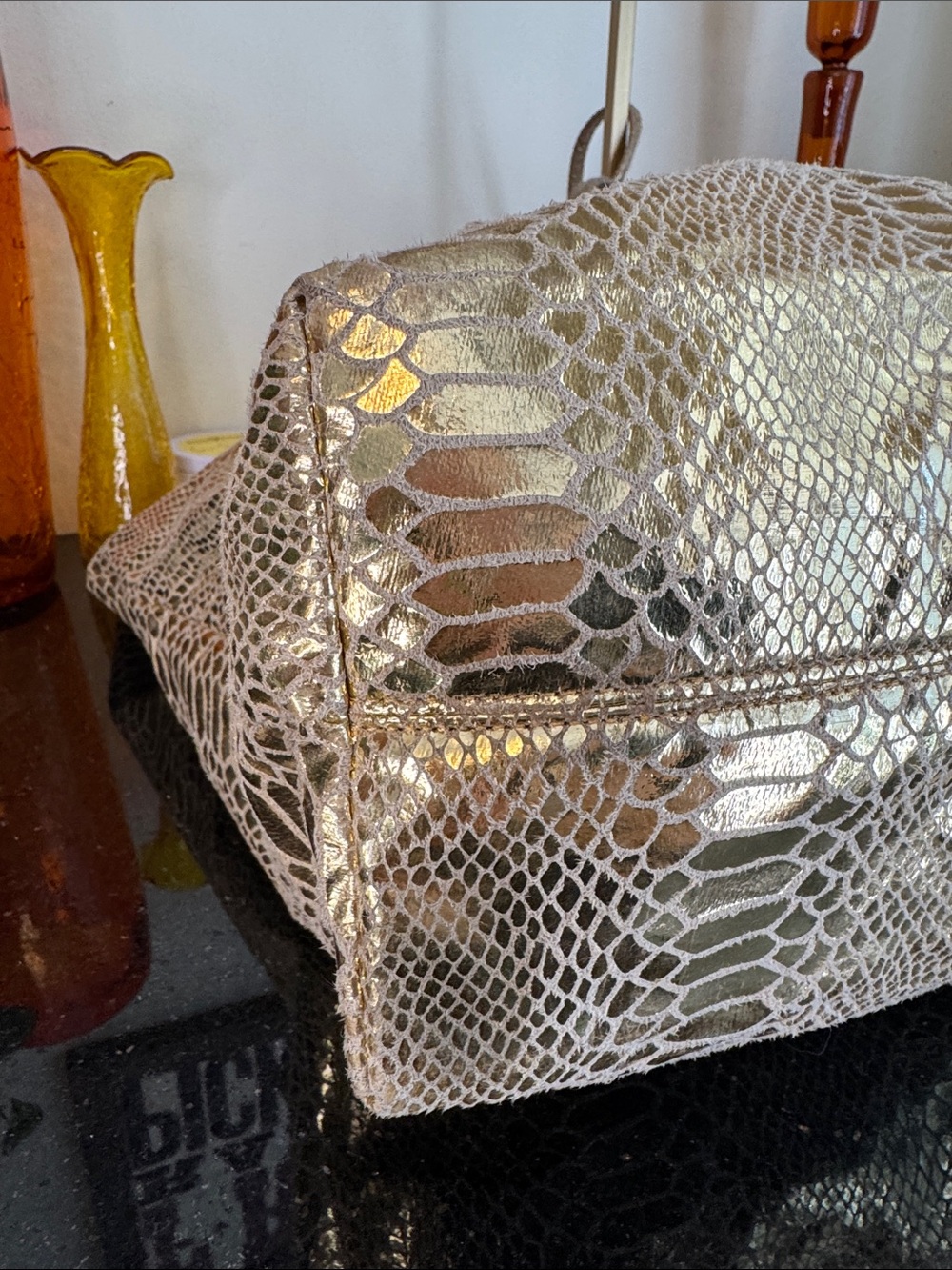 Carlos Falchi Metallic Gold Python-Embossed Tote w/Pouch - Picture 8 of 14
